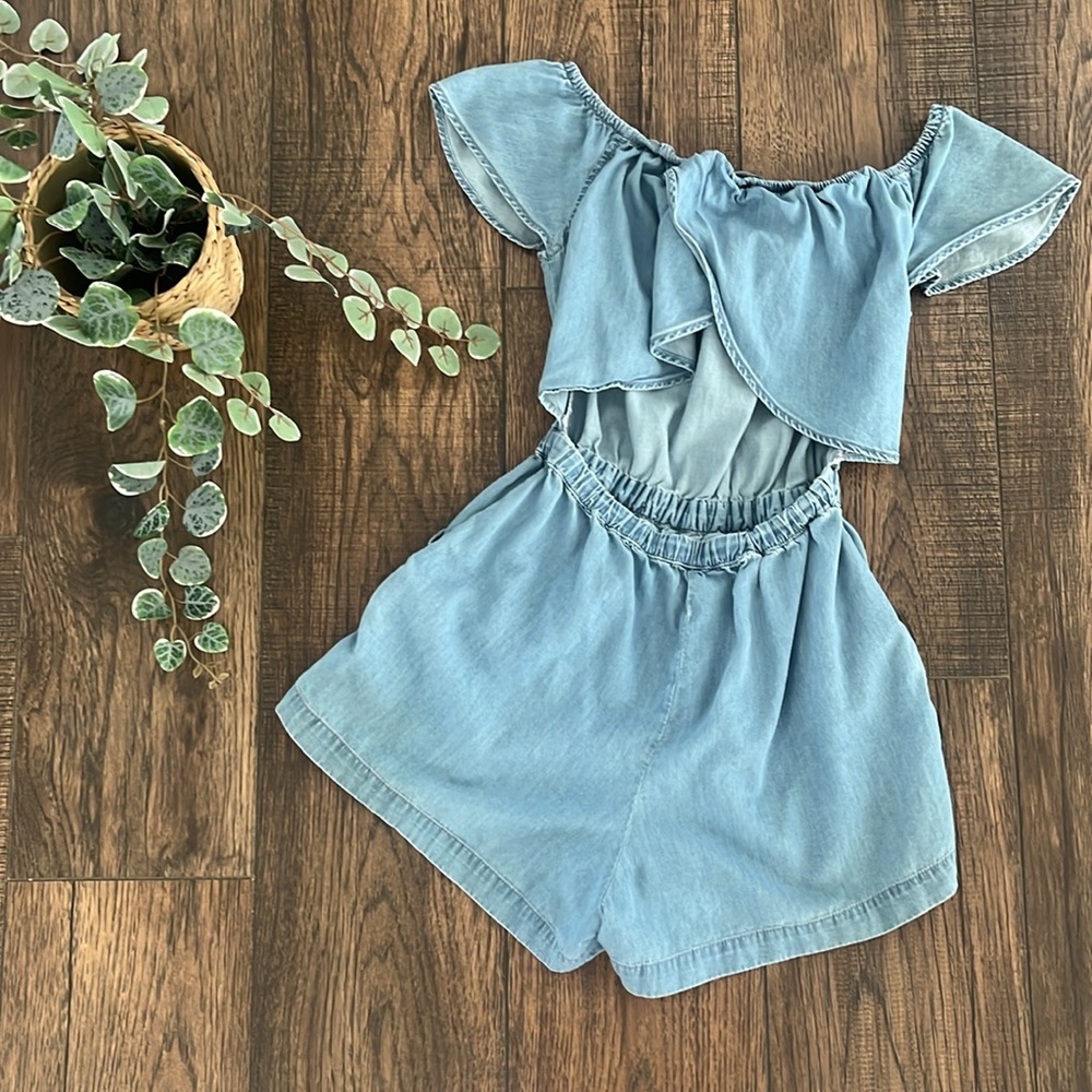 Express Denim Ruffle Off Shoulder Open Back Romper - Picture 2 of 7